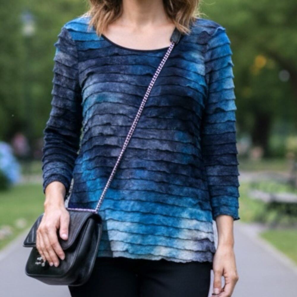 Elements Artsy Tiered 3/4 Sleeve Top Women's Petite M‎ Blue Black Boho Y2K 90s